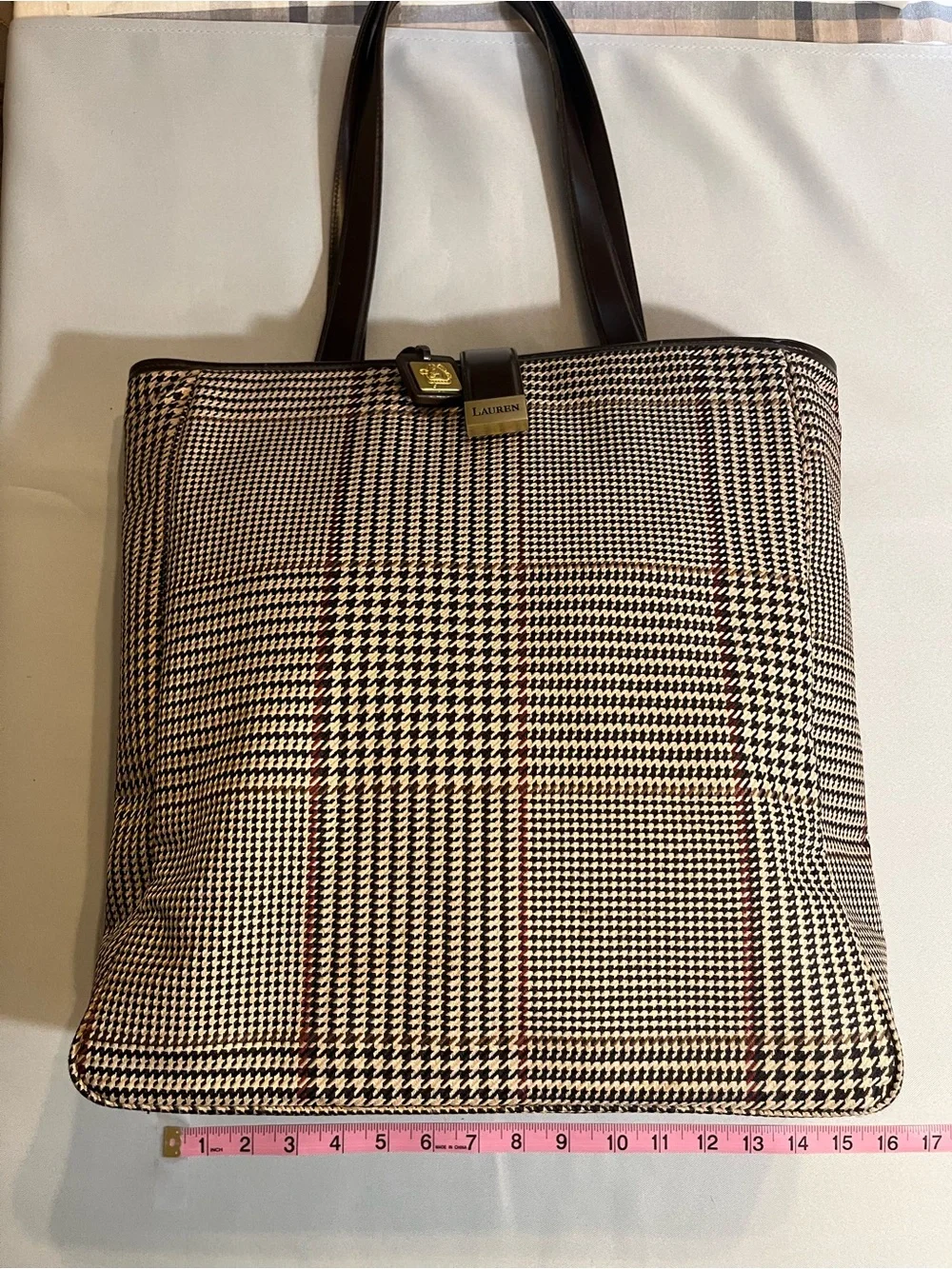Ralph Lauren Black and White Houndstooth Tote with Subtle Red Stripes